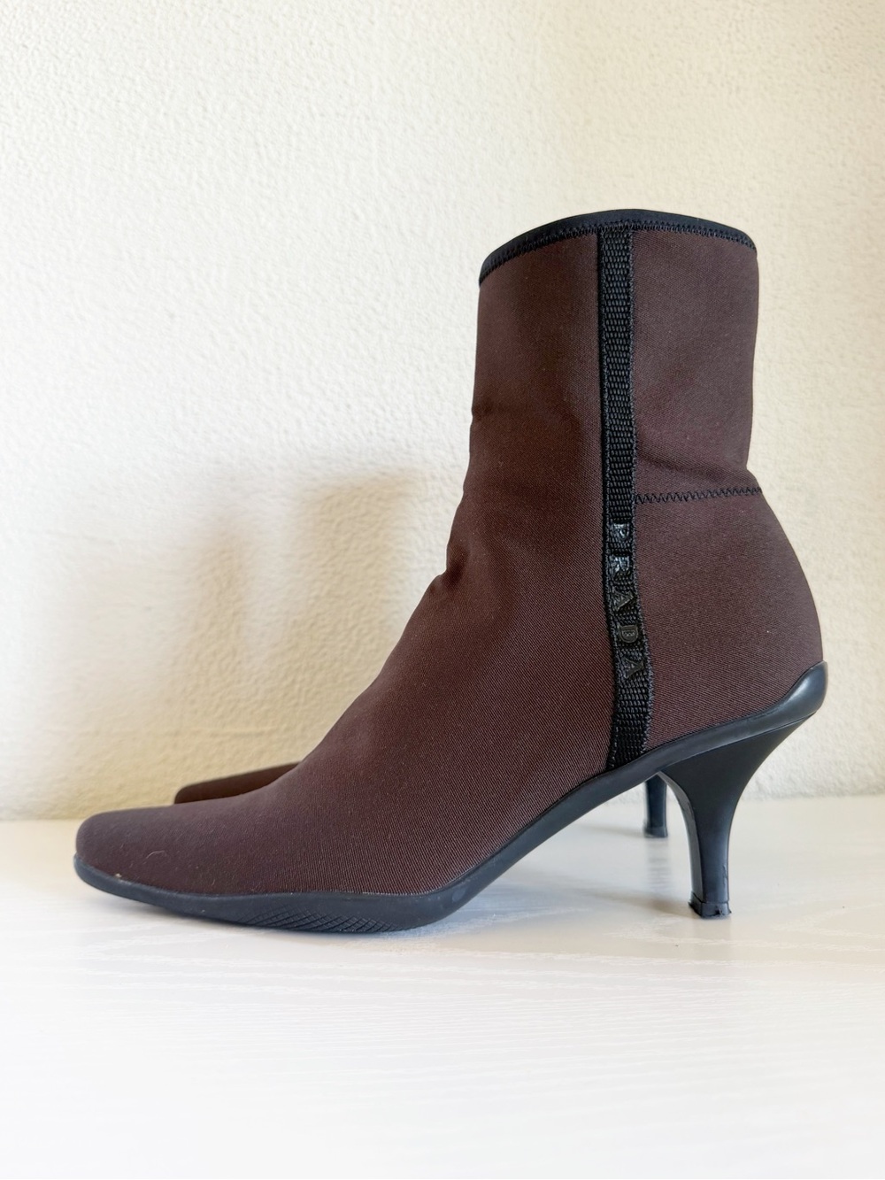 Prada Brown Nylon Logo Sock Ankle Boots Side Zip Heels EU 37